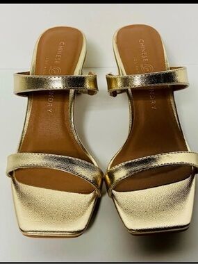 Chinese Laundry Gold Metallic Two-Strap Square Toe Slide Sandals